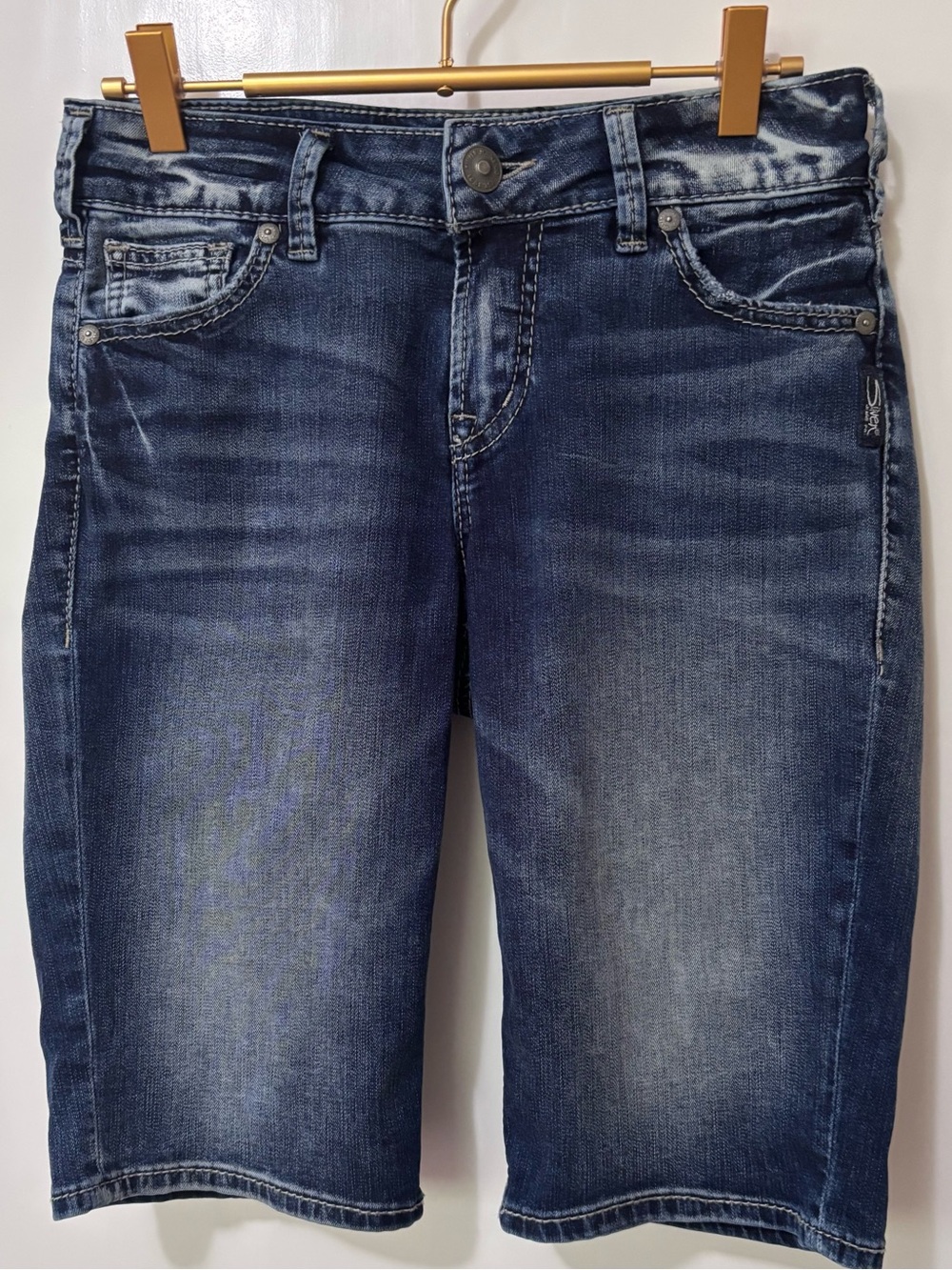 Silver Jeans Co.| Suki Vintage Y2K Mid-Rise 11” Dark Denim Bermuda Shorts Sz 27
